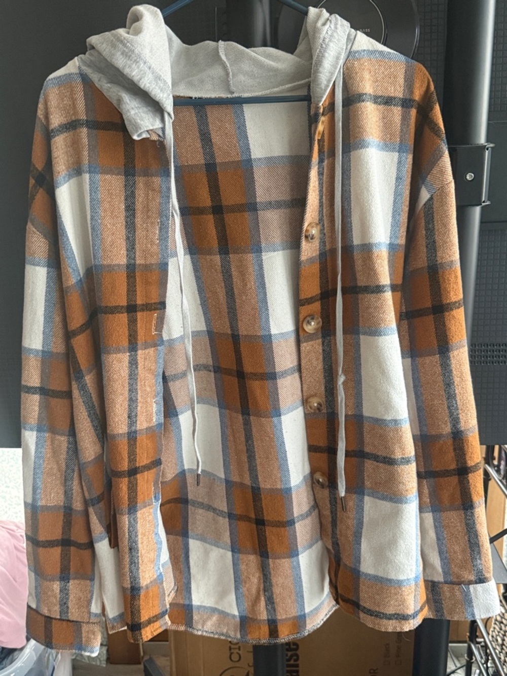 Plaid Hooded Button-Up Shacket in Tan, Cream & Blue
